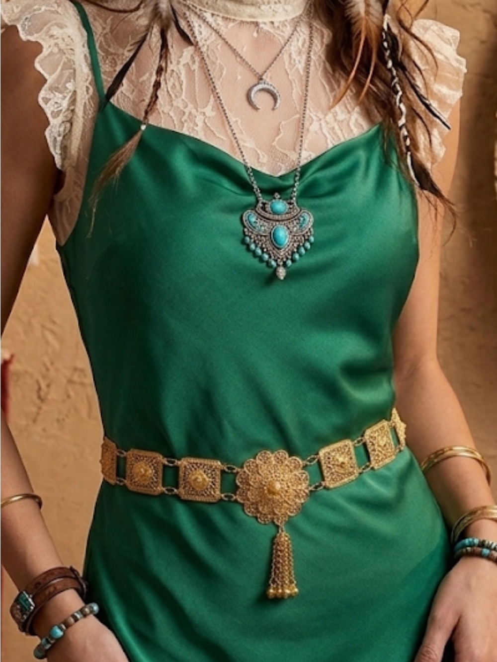 Boho Gold Filigree Flower Link Waist Chain Belt Medallion Tassel NEW! - Picture 8 of 8